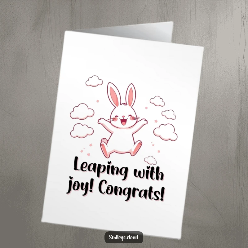 Funny Free Printable Congratulations Card: Happy rabbit leaping energetically between clouds, celebrating a big win with pure elation.
