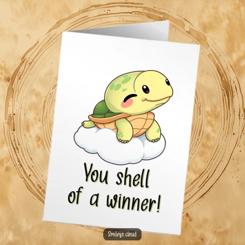 Funny free printable congratulations card, a winking turtle floating on a cloud, celebrating achievement calmly.