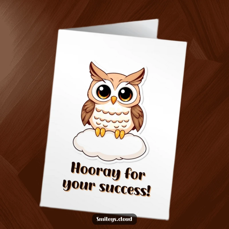 Funny Free Printable Congratulations Card showing a wide-eyed, curious owl on a cloud, expressing genuine delight and surprise.