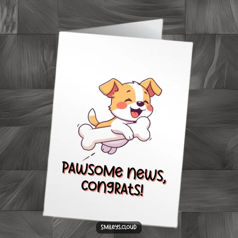 Funny Free Printable Congratulations Card: A giggling dog enthusiastically pursues a bone-shaped cloud, celebrating success with playful energy.