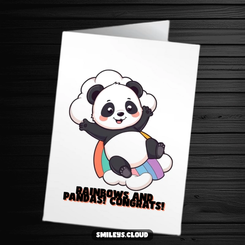 Funny Free Printable Panda Congrats Card: A playful panda joyfully slides down a rainbow from a cloud, celebrating achievements.
