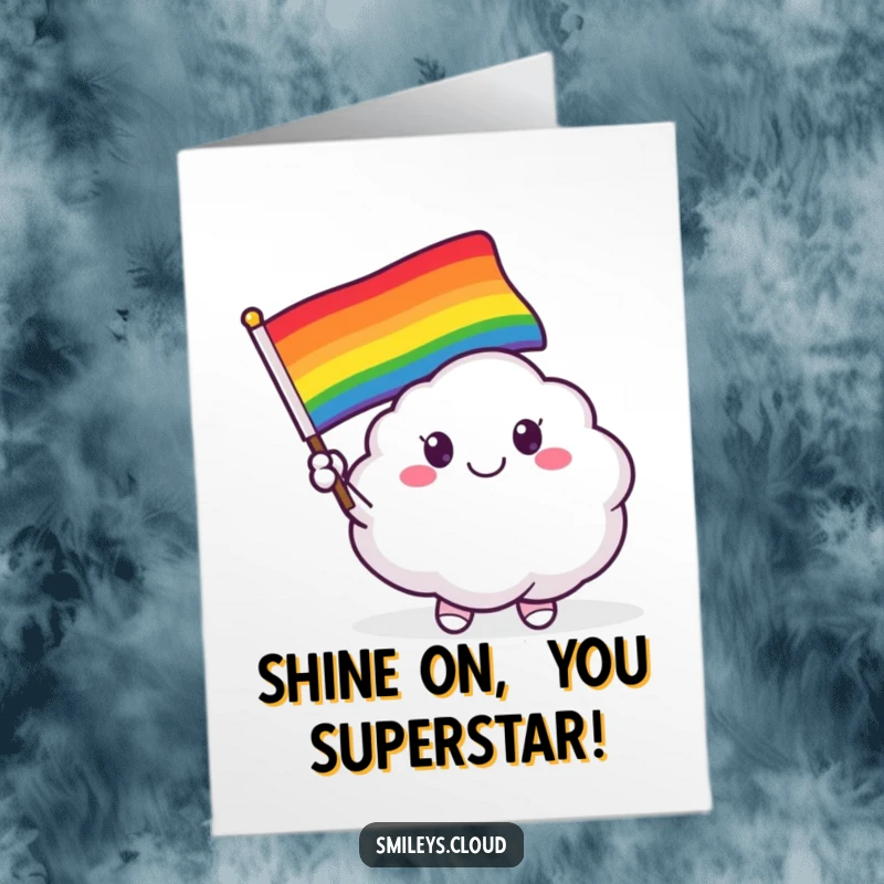 Funny Free Printable Congratulations Card: A smiling cloud creature waves a colorful rainbow flag.