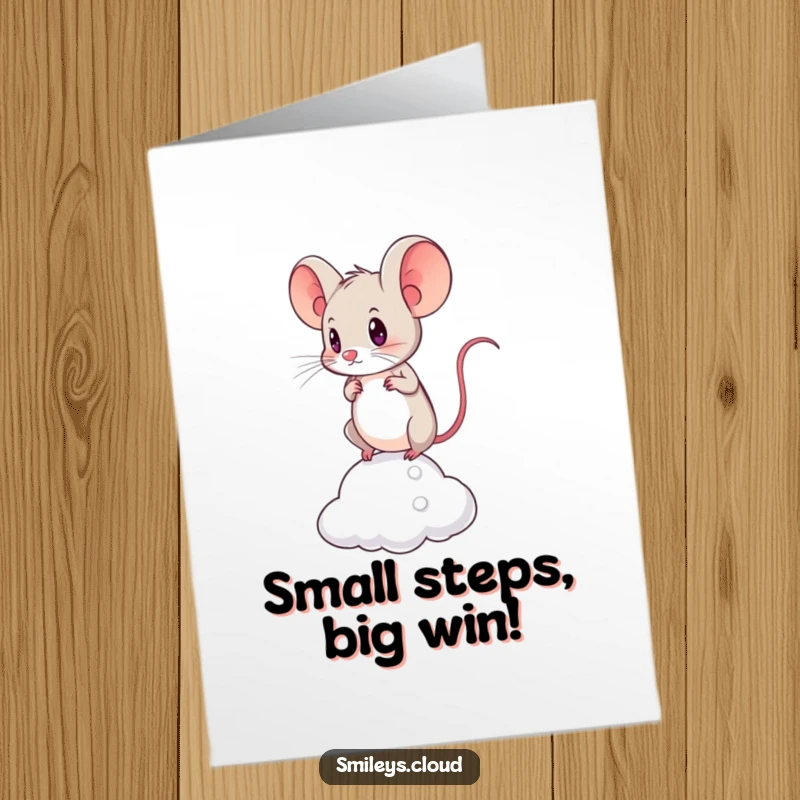 Funny Free Printable Congratulations Card: A brave mouse balances on a small cloud, determined to achieve great things, symbolizing victory.