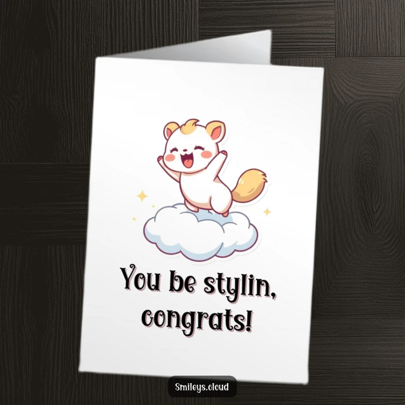 Funny Free Printable Congratulations Card: An ecstatic animal leaps with joy while bouncing on a cloud.