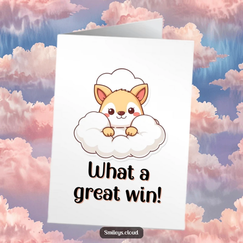 Free Printable Congrats Card: Animal character peeking curiously from behind a fluffy cloud, celebrating discovery, downloadable art.