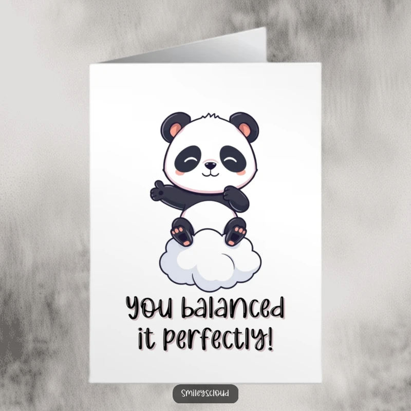Funny Free Printable Congratulations Card: Focused panda maintaining perfect balance on a cloud.