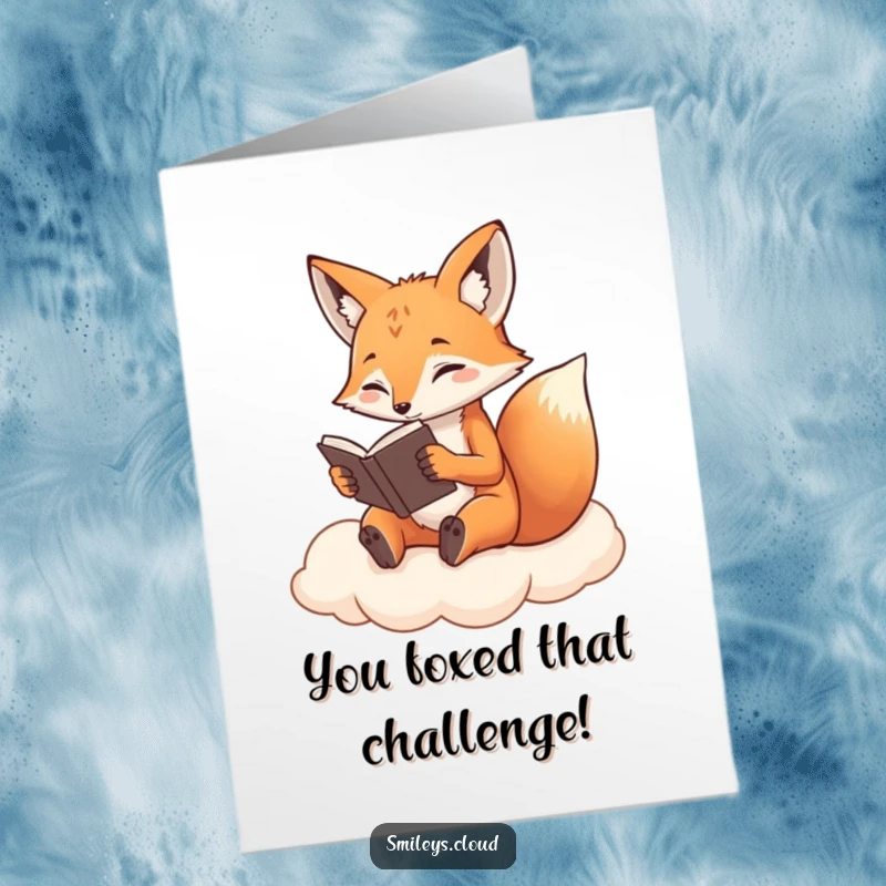 Funny Free Printable Congratulations Card: Determined fox reading on a cloud, signifying achievement and intellect.