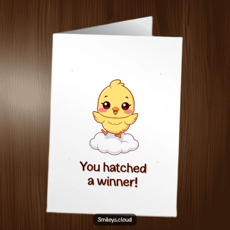 Funny Free Printable Congrats Card: A happy bouncing chick character hopping on a soft cloud, a cheerful downloadable gift.