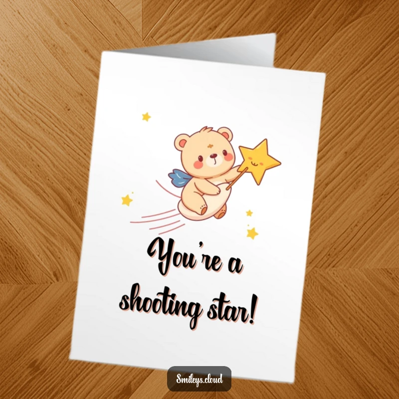 Funny Free Printable Congratulations Card: Happy bear cub joyfully riding a shooting star, celebrating a milestone.