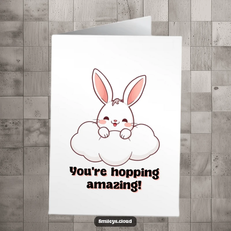 Funny Free Printable Congratulations Card: Playful rabbit peeking from a cloud, signifying a delightful surprise and success.