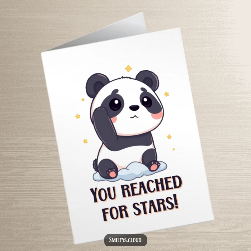 Funny Free Printable Congrats Card: A curious panda character gazing at stars from a cloud, a dreamy downloadable gift.