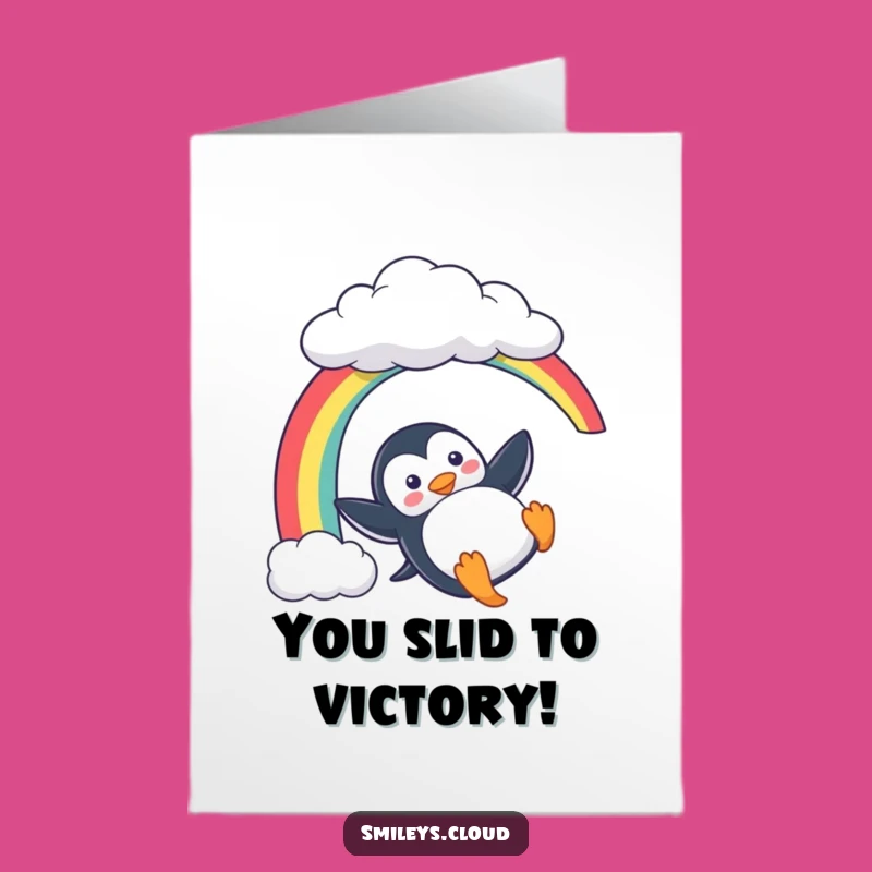 Free Printable Congrats Card: Penguin's Rainbow Ride to Celebrate Your Success!