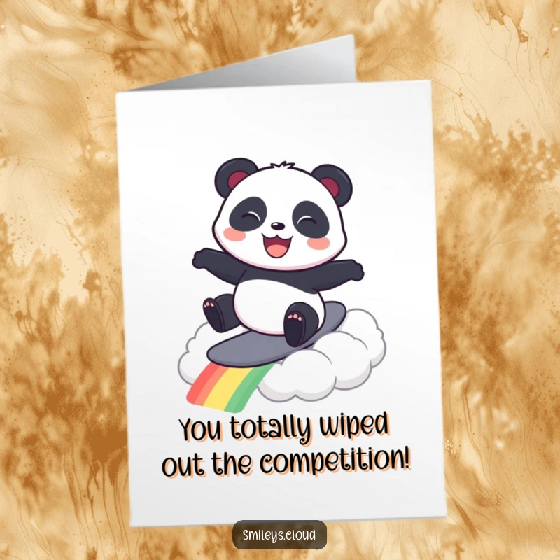 Funny free printable congratulations card: Playful panda rides a rainbow cloud, celebrating success with a huge grin.