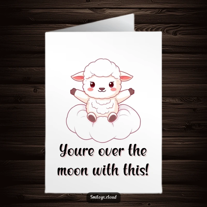 Funny Free Printable Congrats Card: A content fluffy sheep floats dreamily on a cloud, arms open wide in celebration.