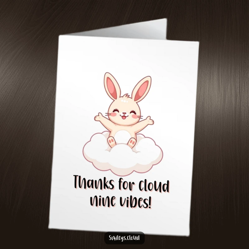 Funny Free Printable Bunny Thank You Card: Cute bunny floating on a cloud, arms outstretched in gratitude and joy.