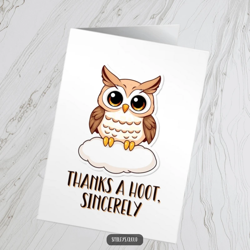 Funny Free Printable Thank You Card with a curious owl on a cloud, conveying appreciation with a comical expression.