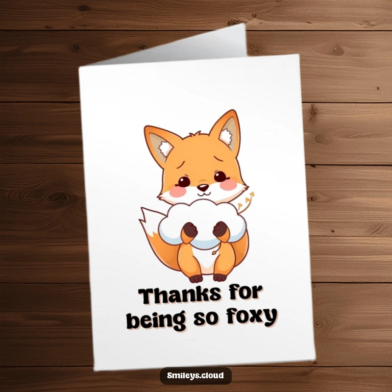 Funny free printable thank you card: A cheerful fox holds a fluffy cloud like a balloon, conveying sweet thanks.