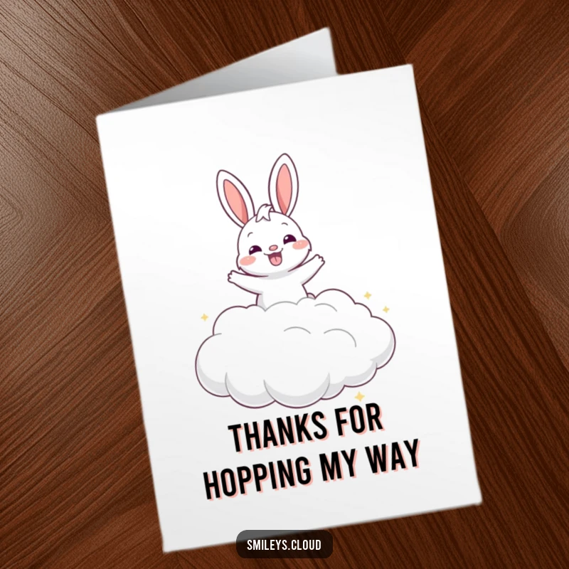 Funny Free Printable Thank You Card: A grinning bunny bounces on a cloud, sending cheerful thanks.