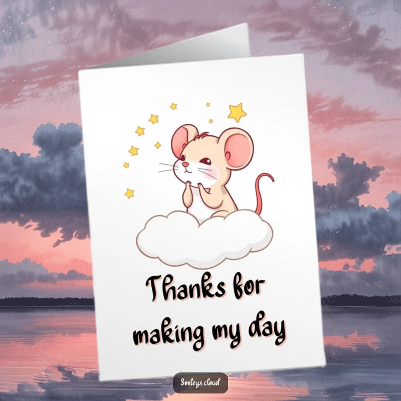 Funny free printable thank you card with a thoughtful mouse gazing at stars from a cloud, offering cosmic gratitude.