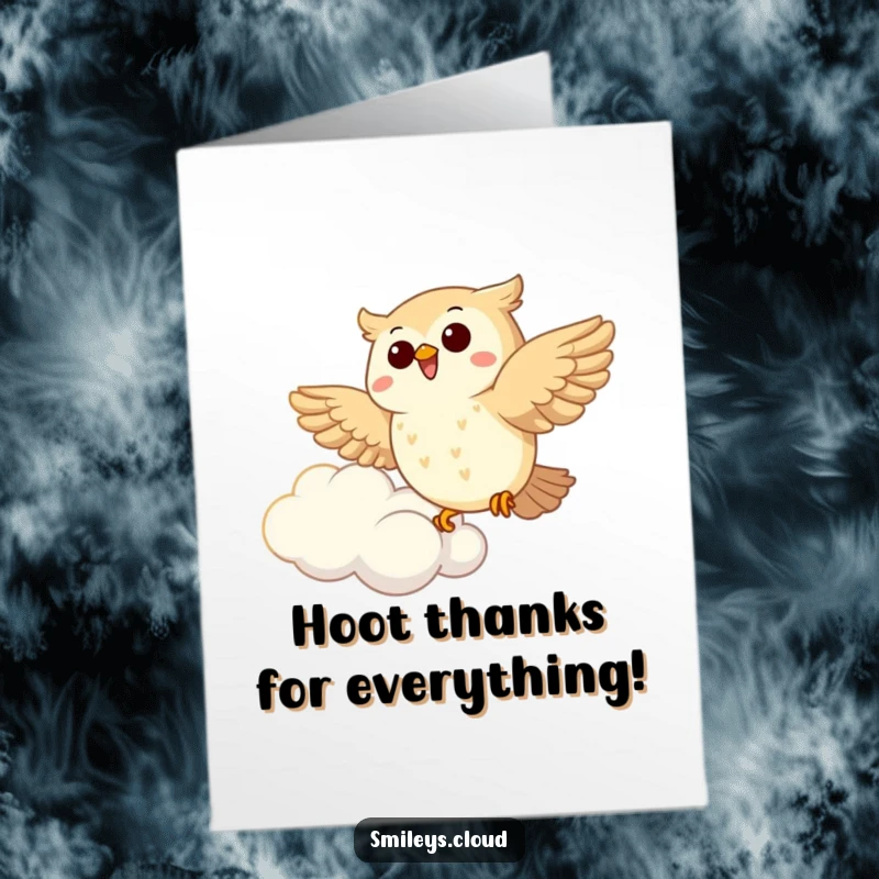 Funny free printable thank you card, a joyous cartoon owl soaring beside a fluffy cloud, expressing gratitude.