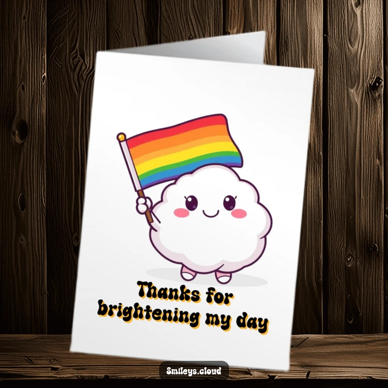 Funny Free Printable Thank You Card: A smiling cloud critter waves a rainbow flag, sending thanks.