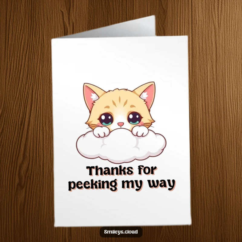 Funny Free Printable Thank You Card: A curious cat peeks over a cloud, eyes wide, conveying a look of heartfelt thanks.