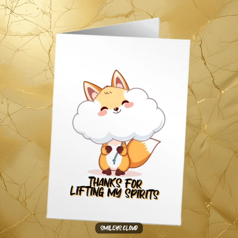 Funny Free Printable Thank You Card: A cheerful fox offers thanks while holding a fluffy cloud like a balloon.