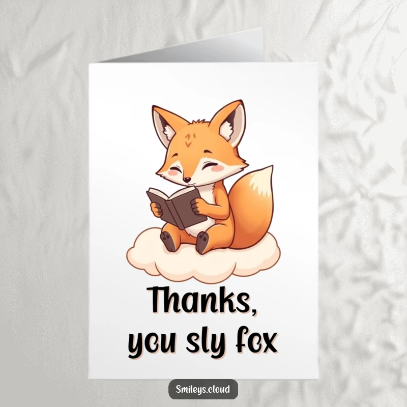 Funny Free Printable Thank You Card: A determined fox reading a book, conveying thanks thoughtfully.