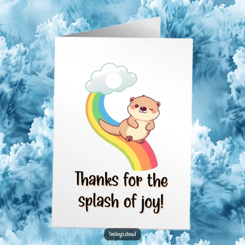 Funny Free Printable Thank You Card featuring a happy otter sliding down a rainbow, expressing cheerful gratitude.