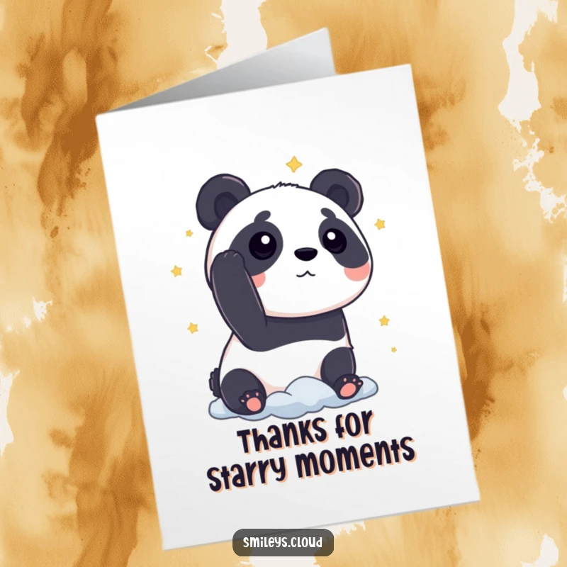 Funny Free Printable Thank You Card: A curious panda character gazing at stars from a cloud, a whimsical downloadable gift.