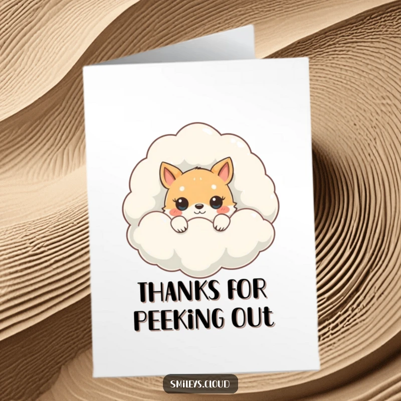 Funny Free Printable Thank You Card: A cute animal peeks shyly from behind a fluffy cloud with a thankful expression.