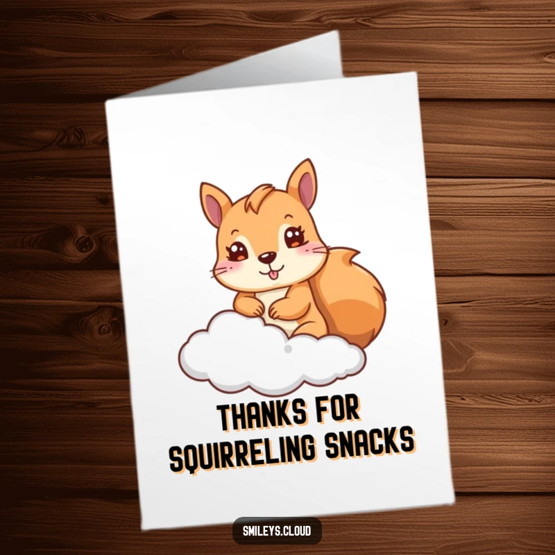 Funny Free Printable Thank You Card: A cute squirrel peeking from behind a cloud, conveying thanks sweetly.