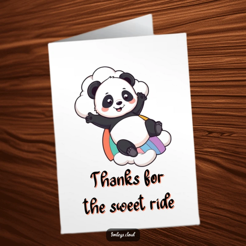 Funny Free Printable Panda Thank You Card: A happy panda slides down a rainbow from a cloud, perfect for expressing gratitude.