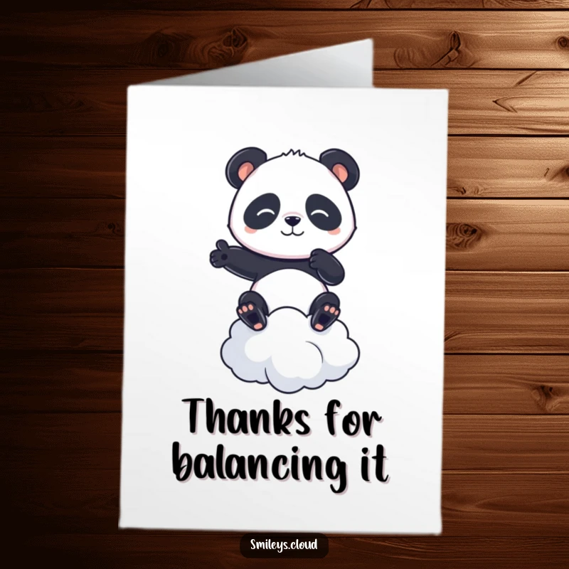 Funny Free Printable Thank You Card: Comical panda balancing with great determination on a cloud.