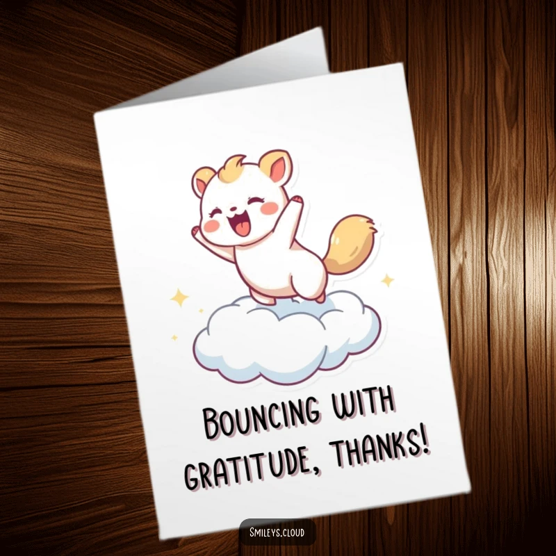Funny Free Printable Thank You Card: A happy animal energetically bounces on a soft, pillowy cloud.