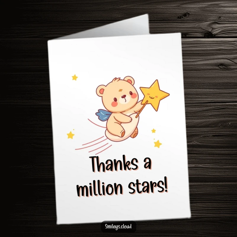 Funny Free Printable Thank You Card: Happy bear cub riding a shooting star, sending thanks with enthusiasm.