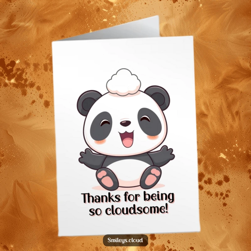 Funny Free Printable Thank You Card: A panda smiles while balancing a small cloud, offering a unique way to say thanks.