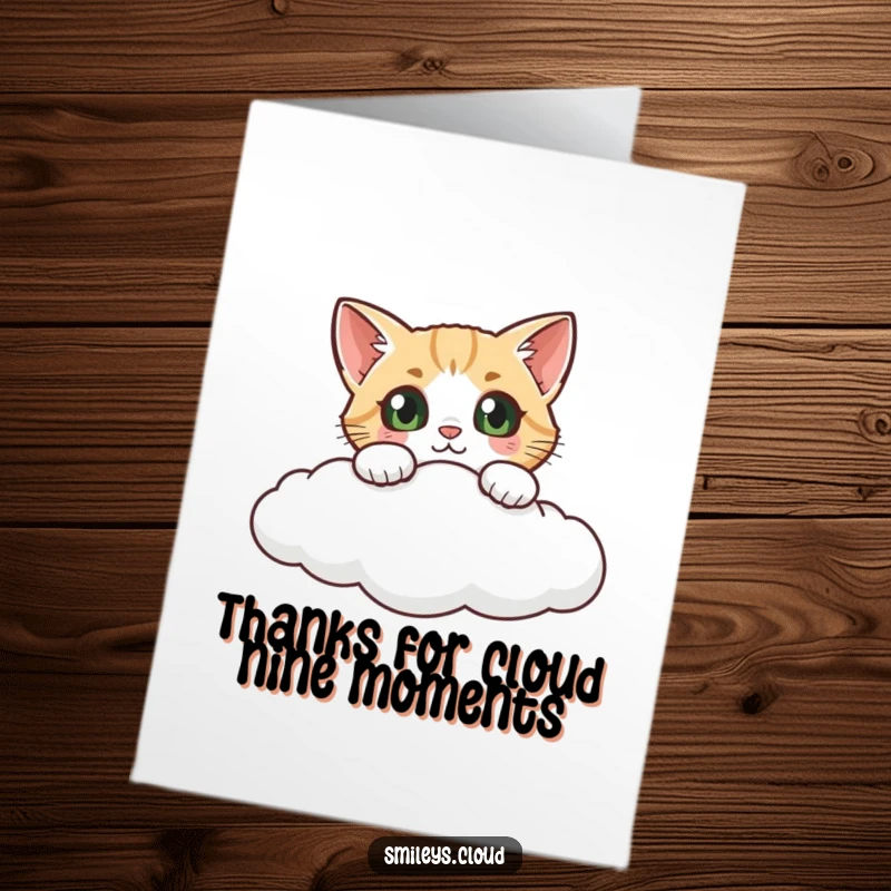 Funny Free Printable Thank You Card: A curious cat peeks from a cloud, expressing thanks with wide, wondering eyes.