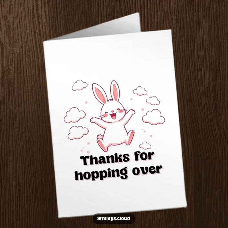 Funny Free Printable Thank You Card: Happy rabbit leaping between clouds, expressing thanks with joyful energy and a big smile.