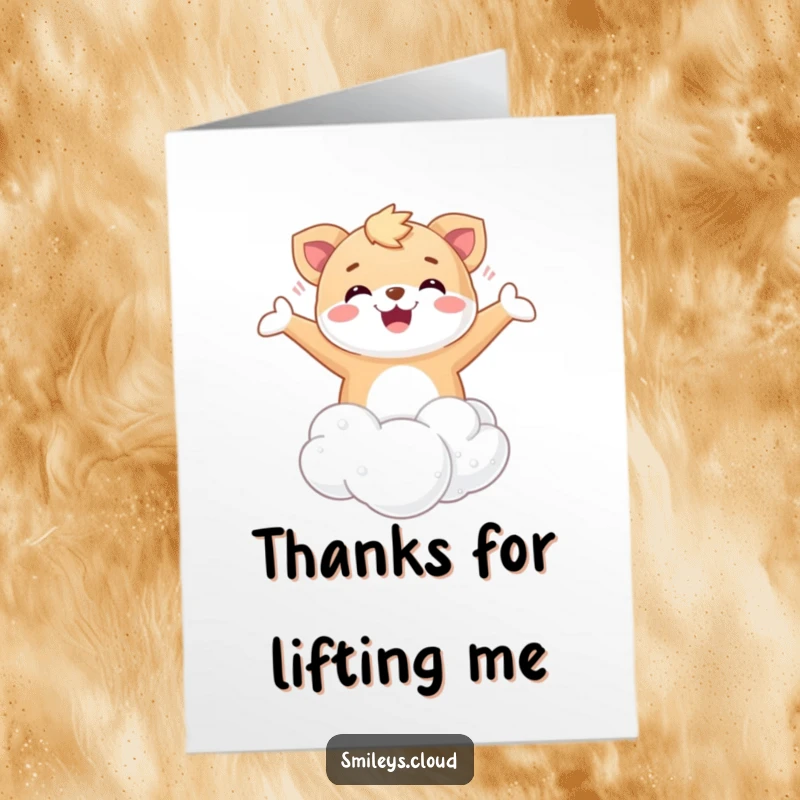Funny Free Printable Thank You Card: A happy animal floats on a cloud with arms open wide, expressing thanks.