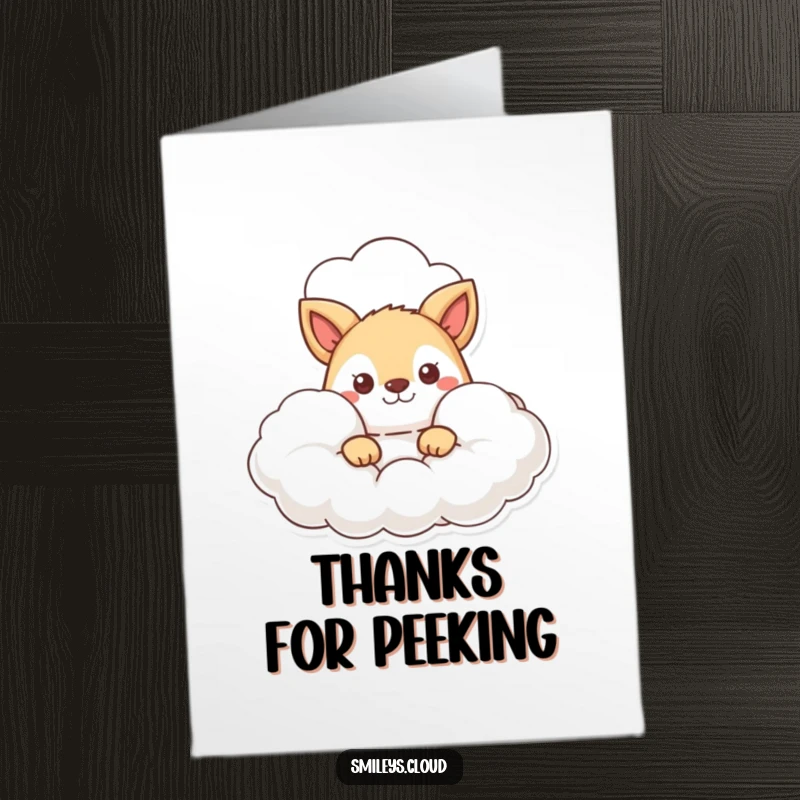 Free Printable Thank You Card: Animal character peeking curiously from behind a fluffy cloud, expressing thanks, downloadable art.