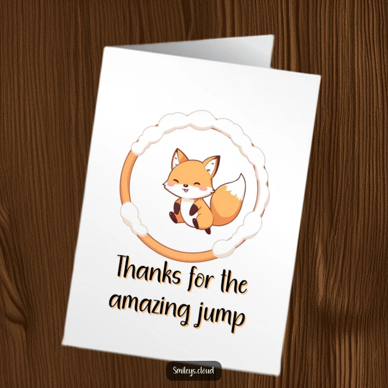 Funny Free Printable Thank You Card: Fox mid-air, joyfully jumping through a cloud hoop.
