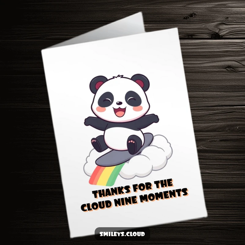 Funny free printable thank you card: Grinning panda surfs a rainbow cloud, delivering thanks with playful energy.
