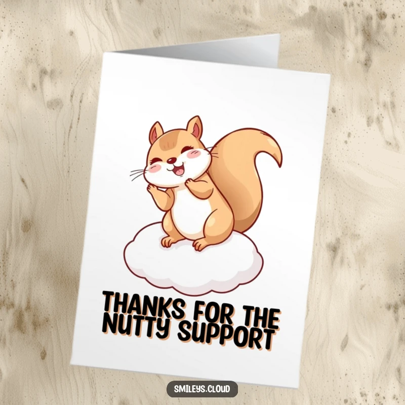 Funny Free Printable Squirrel Thank You Card: A happy, giggling squirrel flips mid-air on a cloud cushion, expressing thanks.
