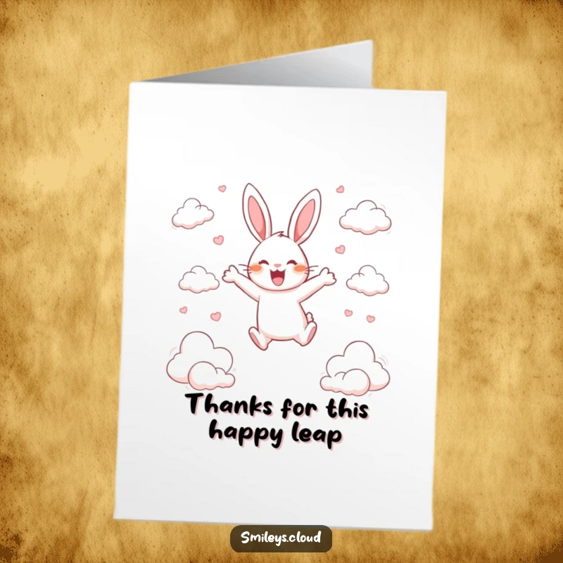 Funny Free Printable Thank You Card: A happy rabbit leaps mid-air between clouds, conveying gratitude with an energetic smile.