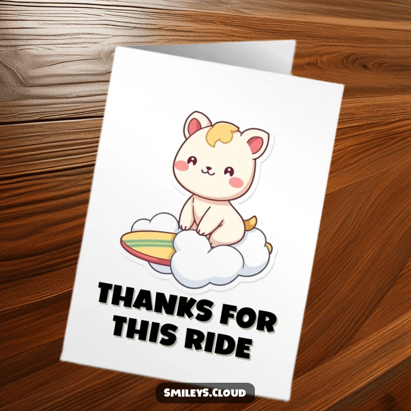 Funny Free Printable Thank You Card: A smiling animal enjoys riding a cloud like a surfboard.