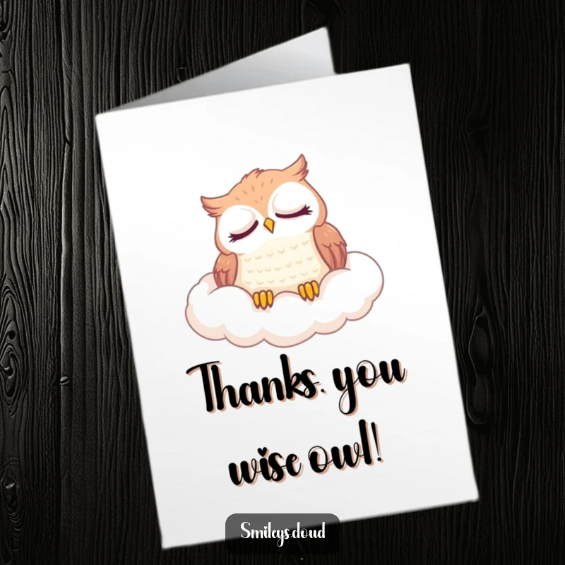Funny Free Printable Thank You Card with a content owl resting on a cloud, offering a sleepy yet sincere thank you.