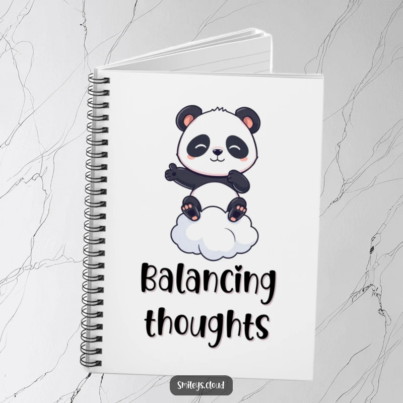 Funny notebook with a determined panda balancing on a cloud, perfect for planning and note-taking with humor.