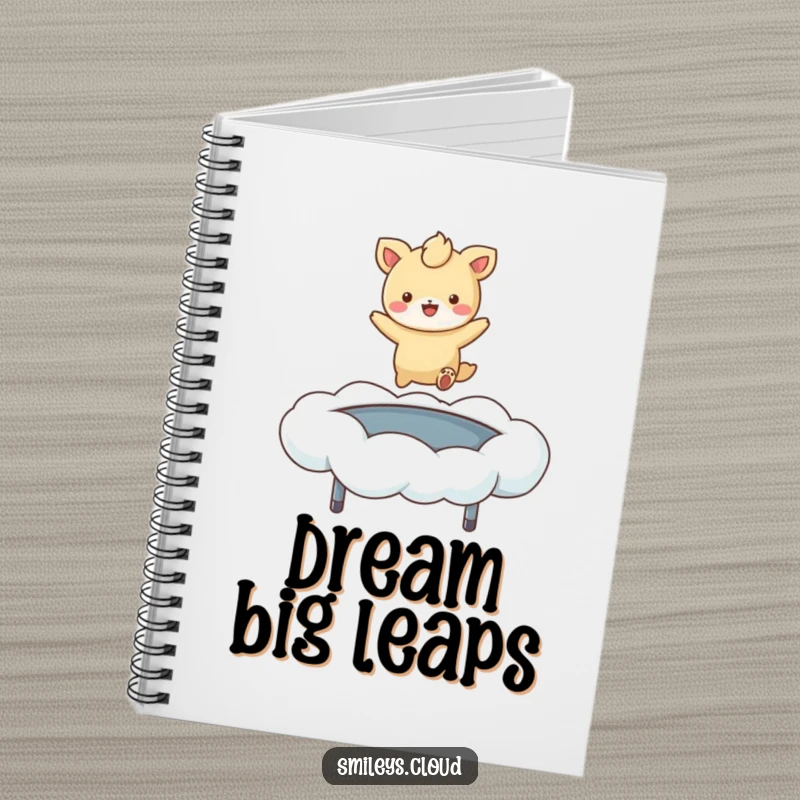 Funny notebook with a happy animal character energetically bouncing on a soft, fluffy cloud, perfect for journaling or note-taking.