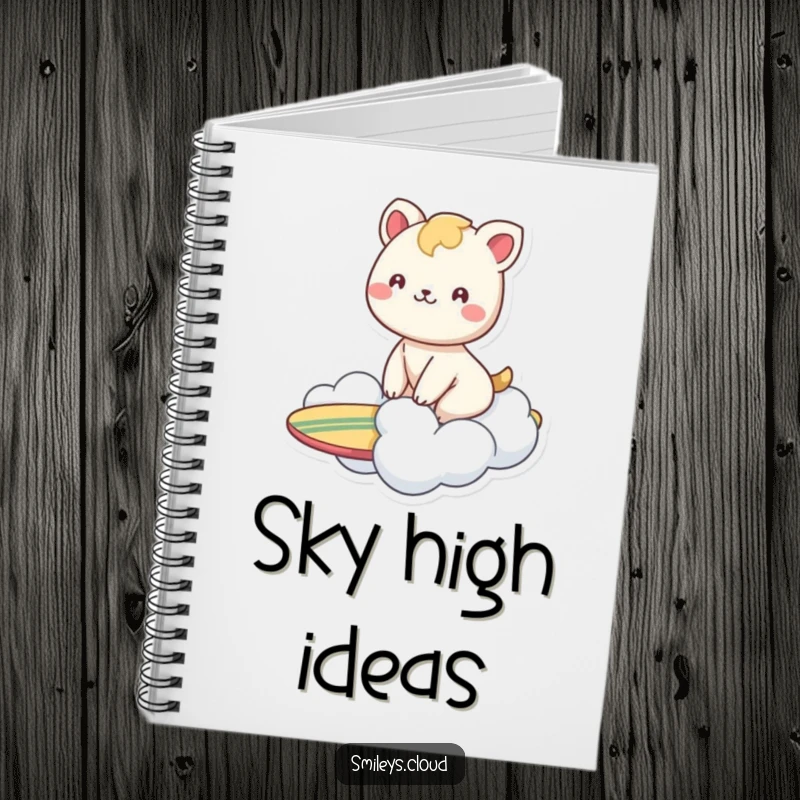 Funny notebook featuring a smiling animal surfing on a cloud, perfect for jotting down happy thoughts and joyous ideas.